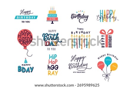 Happy Birthday logo set vector illustration. Design element for greeting cards, banner, print with lettering typography text sign, quote, cake, candle, gift, balloon isolated on white background