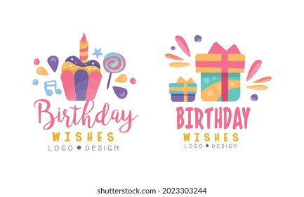 Happy Birthday Logo Templates Set, Birthday Celebration Hand Drawn Badges, Banner, Poster, Card, T-shirt Design Vector Illustration