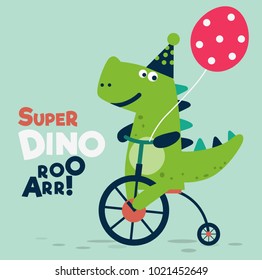 Happy birthday - lovely vector card with funny dinosaur rides on bicycle. Ideal for cards, invitations, party, banners, kindergarten, preschool and children room decoration