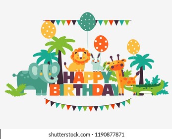 Happy birthday - lovely vector card with funny cute animals