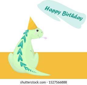 Happy birthday lovely vector card with funny dinosaur. 