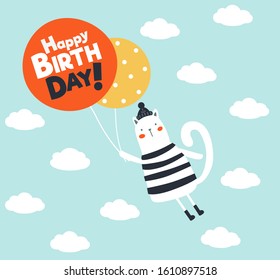 Happy birthday - lovely vector card with funny flying cat and balloons