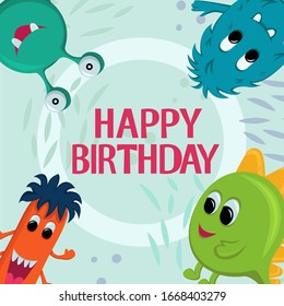 Happy birthday - lovely vector card with funny monsters. Ideal for cards, logo, invitations, party, banners, kindergarten, preschool and children room decoration