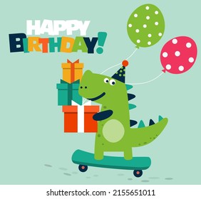 Happy birthday - lovely vector card with funny dinosaur rides on skateboard. Tyrannosaur skateboarder 