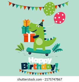 Happy birthday - lovely vector card with funny dinosaur rides on skateboard. Tyrannosaur skateboarder 