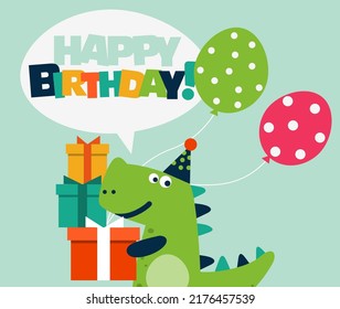 Happy birthday - lovely vector card with funny dinosaur. Ideal for cards, invitations, party, banners, kindergarten, preschool and children room decoration