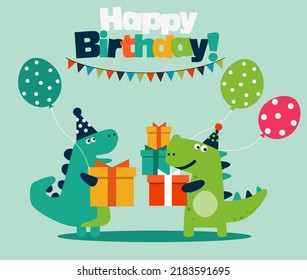 Feliz cumpleaños - encantadora tarjeta vector con divertidos dinosaurios. Ideal para tarjetas, invitaciones, fiestas, banners, kindergarten, decoración de sala infantil y preescolar