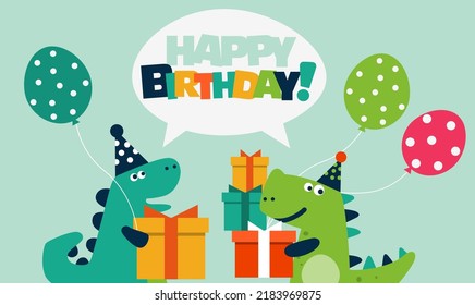 Happy birthday - lovely vector card with funny dinosaur. Ideal for cards, invitations, party, banners, kindergarten, preschool and children room decoration