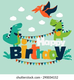 Happy birthday - lovely vector card with funny dinosaurs