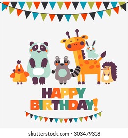 Happy birthday - lovely vector card with funny animals in bright colors