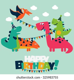 Happy birthday - lovely vector card with funny dinosaurs. Ideal for cards, logo, invitations, party, banners, kindergarten, preschool and children room decoration