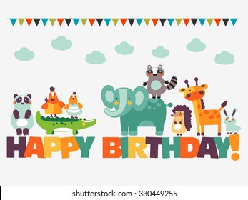 Happy birthday - lovely vector card with funny cute animals and garlands. Modern vector style. Ideal for cards, logo, invitations, party, banners, kindergarten, preschool and children room decoration