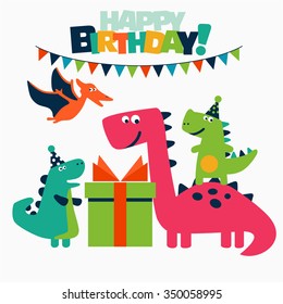 Happy birthday - lovely vector card with funny dinosaurs. Ideal for cards, logo, invitations, party, banners, kindergarten, preschool and children room decoration