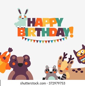 Happy birthday - lovely vector card with funny cute animals and garlands. Modern vector style. Perfect for cards, invitations, party, banners, kindergarten, preschool and children room decoration