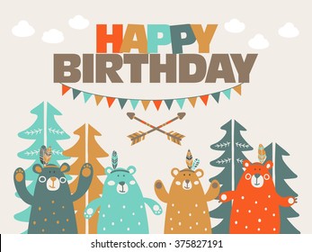 Happy birthday - lovely vector card with funny cute bears in forest and garlands. Ideal for cards, invitations, party, banners, kindergarten, baby shower, preschool and children room decoration