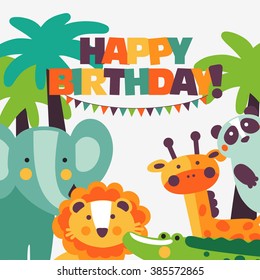 Happy birthday - lovely vector card with funny cute animals and garlands. Modern vector style. Perfect for cards, invitations, party, banners, kindergarten, preschool and children room decoration