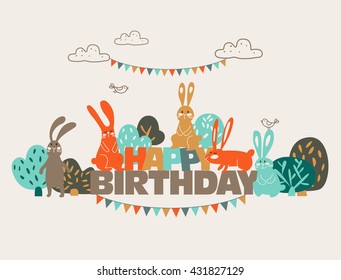 Happy birthday - lovely vector card with funny sweet rabbits in forest and garlands. Ideal for cards, invitations, party, banners, kindergarten, baby shower, preschool and children room decoration