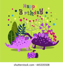 Happy birthday - lovely vector card with funny dinosaurs.
