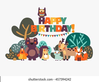 Happy birthday - lovely vector card with funny cute animals and garlands. Modern vector style. Perfect for cards, invitations, party, banners, kindergarten, preschool and children room decoration