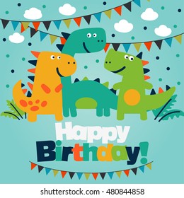 Happy birthday - lovely vector card with funny dinosaurs