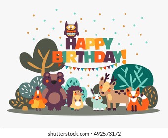 Happy birthday - lovely vector card with funny cute animals and garlands. Modern vector style. Perfect for cards, invitations, party, banners, kindergarten, preschool and children room decoration