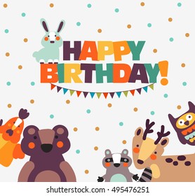 Happy birthday - lovely vector card with funny cute animals and garlands. Modern vector style. Perfect for cards, invitations, party, banners, kindergarten, preschool and children room decoration