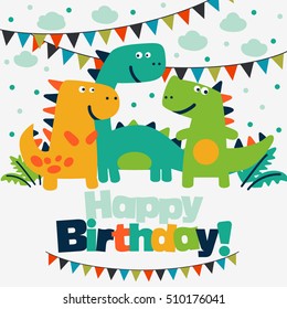 Happy birthday - lovely vector card with funny dinosaurs