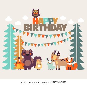 Happy birthday - lovely vector card with funny cute animals and garlands. Modern vector style. Perfect for cards, invitations, party, banners, kindergarten, preschool and children room decoration