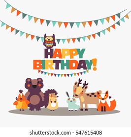 Happy birthday - lovely vector card with funny cute animals and garlands. Modern vector style. Perfect for cards, invitations, party, banners, kindergarten, preschool and children room decoration