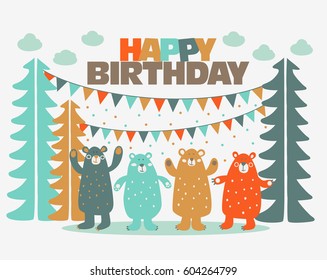 Happy birthday - lovely vector card with funny cute bears in forest and garlands. Ideal for cards, invitations, party, banners, kindergarten, baby shower, preschool and children room decoration