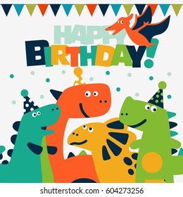 Happy birthday - lovely vector card with funny dinosaurs. Ideal for cards, invitations, party, banners, kindergarten, preschool and children room decoration