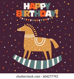 Happy birthday - lovely vector card funny wood horse in pastel colors. Ideal for cards, invitations, wallpaper, web page backgrounds, kindergarten, preschool and children room decoration