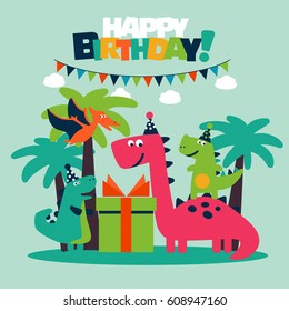 Happy birthday - lovely vector card with funny dinosaurs. Ideal for cards, invitations, party, banners, kindergarten, preschool and children room decoration