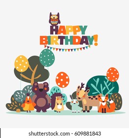 Happy birthday - lovely vector card with funny, cute animals, balloons and garlands. Perfect for cards, invitations, party, banners, kindergarten, preschool and children room decoration