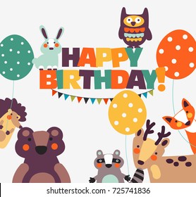 Happy birthday - lovely vector card with funny cute animals and garlands. Perfect for cards, invitations, party, banners, kindergarten, preschool and children room decoration