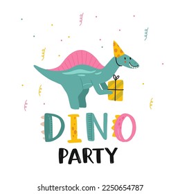 Happy birthday. Lovely vector illustration with funny dinosaur and gift. Hand drawn print, greeting card or poster for children room decoration. Flat cartoon dino character and lettering