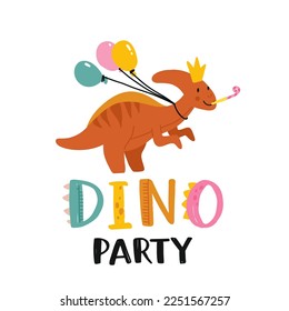 Happy birthday. Lovely vector illustration with funny dinosaur and gift. Hand drawn print, greeting card or poster for children room decoration. Flat cartoon dino character and lettering