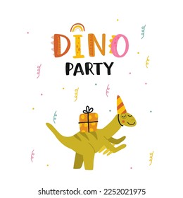 Happy birthday. Lovely vector illustration with funny dinosaur and gift. Hand drawn print, greeting card or poster for children room decoration. Flat cartoon dino character and lettering