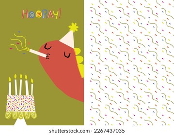 Happy birthday. Lovely vector illustration and pattern with funny dinosaur and  cake. Hand drawn print, greeting card or poster for children room decoration. Flat cartoon dino character , lettering 