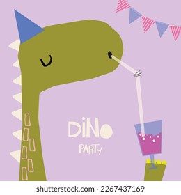 Happy birthday. Lovely vector illustration with funny dinosaur and  drink. Hand drawn print, greeting card or poster for children room decoration. Flat cartoon dino character , lettering 