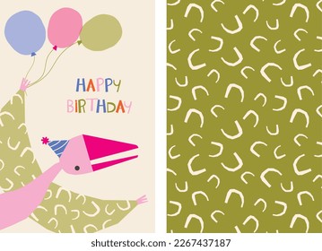 Happy birthday. Lovely vector illustration and pattern with funny dinosaur and balloons. Hand drawn print, greeting card or poster for children room decoration. Flat cartoon Dino character , lettering