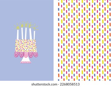 Happy birthday. Lovely vector illustration and pattern with funny cake. Hand drawn print, greeting card or poster for children room decoration. 