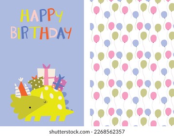 Happy birthday. Lovely vector illustration and pattern with funny dinosaur and gift. Hand drawn print, greeting card or poster for children room decoration. Flat cartoon Dino character , lettering