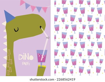 Happy birthday. Lovely vector illustration and pattern with funny dinosaur and drink. Hand drawn print, greeting card or poster for children room decoration. Flat cartoon Dino character , lettering