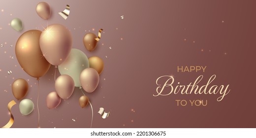 Happy birthday luxury banner celebration rose gold with 3d realistic balloons and ribbons