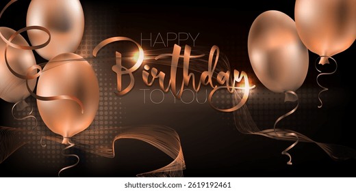 Happy Birthday - luxury Banner with Gold pearlescent 3D isolated Balloons on dark background