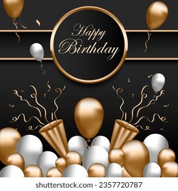 Happy birthday with luxury gold theme, balloons, trumpets, birthday stickers