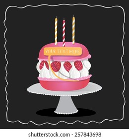 Happy birthday Macaroon cake on a table, on chalkboard with candles.