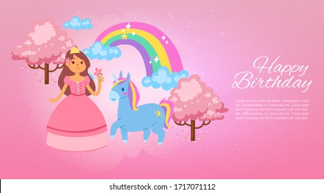 Happy birthday magic background, vector banner. Girl princess character in beautiful dress, unicorn magic horse. Colorful rainbow between clouds, blooming sakura pink foliage illustration.