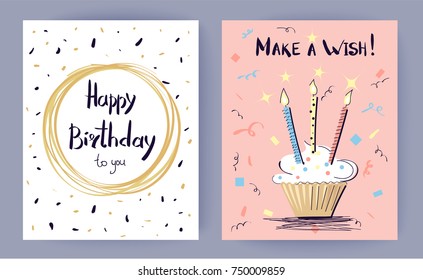 Happy Birthday make a wish colorful poster. Vector illustration with cake decorated with candles and doodles surrounded by confetti on pink background